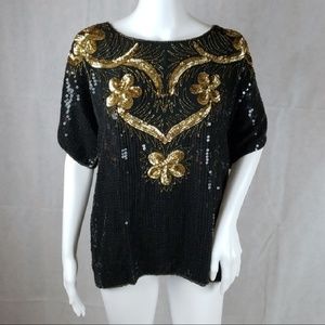 JOSEPH LE BON 100% Silk Black & Gold Sequin Top